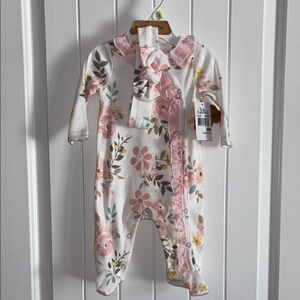 NEW! Baby girl, Floral Pink Ruffle Baby One Piece, button bodysuit with headband